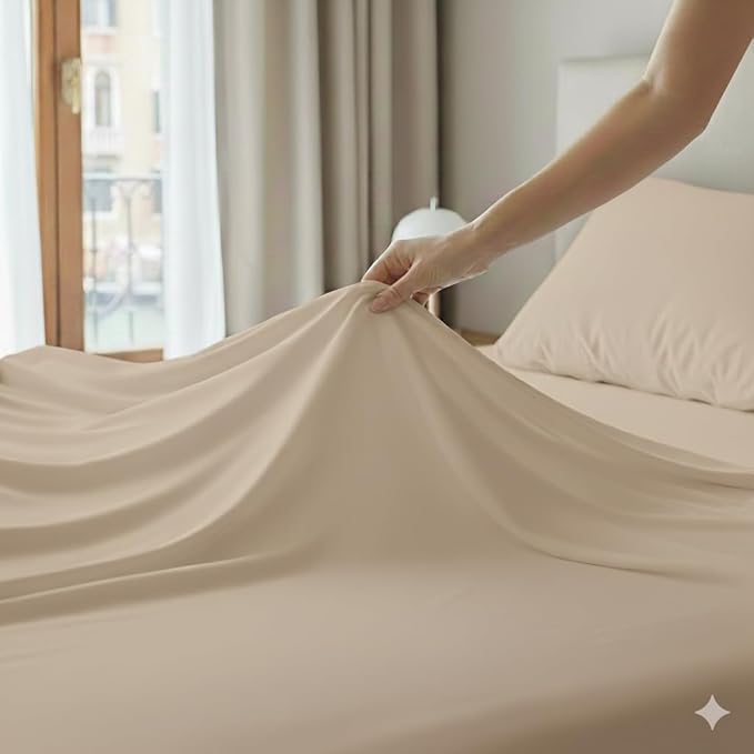 100% Cotton Flat Top Sheet Only - T-Shirt Fabric Jersey Knit - Extra Soft - Wrinkle Free - Machine Washable - Easy Fit - Breathable - Comfy (Beige, Twin)