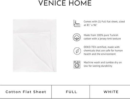 100% Cotton Flat Top Sheet Only - T-Shirt Fabric Jersey Knit - Extra Soft - Wrinkle Free - Machine Washable - Easy Fit - Breathable - Comfy (White, Full)