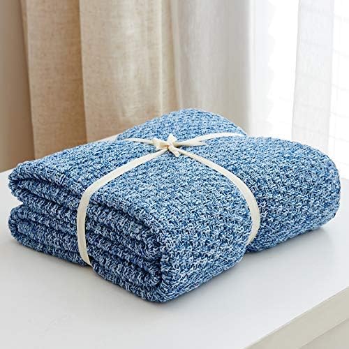 Longhui bedding Blue Knitted Throw Blanket for Couch, Soft, Cozy Machine Washable 100% Cotton Sofa Knit Blankets, 60 x 80 Inches Oversized, Blue and White Color, Laundry Bag Included