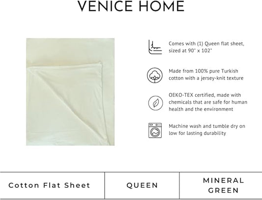 100% Cotton Flat Top Sheet Only - T-Shirt Fabric Jersey Knit - Extra Soft - Wrinkle Free - Machine Washable - Easy Fit - Breathable - Comfy (Mineral Green, Queen)