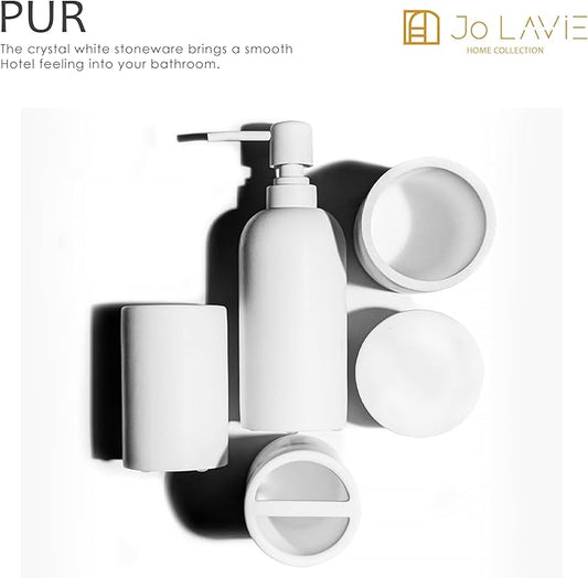 Jo Lavie Matte White Bathroom Accessories Set – 4-Piece Resin Countertop Organizer with Soap Dispenser, Tumbler, Toothbrush Holder & Cotton Swab Jar – Modern Minimalist Vanity Kit
