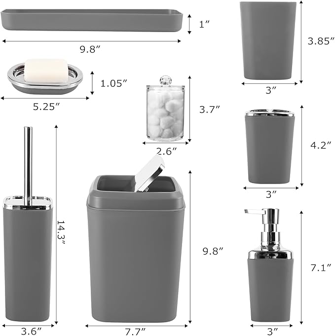 XLHOMO Grey Bathroom Accessories Sets Complete, 9-Piece Bathroom Accessories with Trash Can, Vanity Tray, Soap Dispenser, Soap Dish, Toothbrush Holder, Toothbrush Cup, Toilet Brush and Qtip Holders