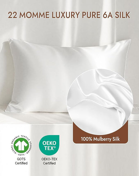 SilkSilky 100% Mulberry Silk Pillowcase - Pure 22 Momme High-Grade 6A Fibers for Hair & Skin, Envelope Closure, Natural, Organic, Breathable & Cooling Pillow Case (Standard, White)