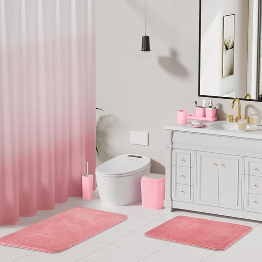 XLHOMO Bathroom Accessory Set–Bathroom Sets with Shower Curtain and Rugs, Non Slip Bathroom Rugs Super Absorbent, Pink Ombre Waterproof Shower Curtain with Hooks, Pink Bathroom Sets Complete for Home