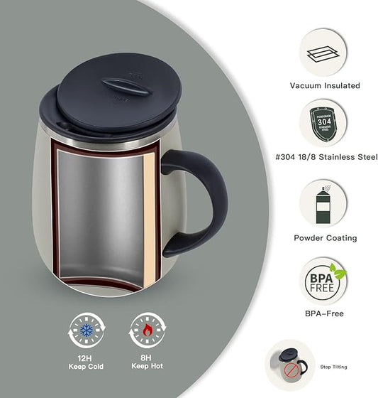 Ideus 16 oz (470 ml) Insulated Coffee Mug with Handle and Lid, Double Wall Stainless Steel Vacuum Thermal Coffee Mug, Travel Coffee Cup Thermal Cup for Home and Office (Mars Celadon)
