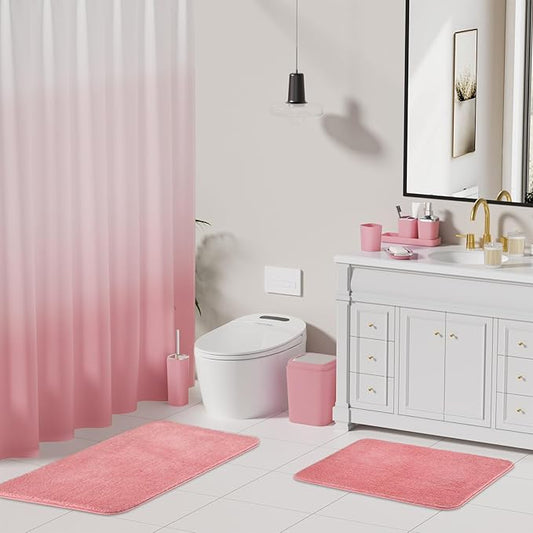 XLHOMO Bathroom Accessory Set–Bathroom Sets with Shower Curtain and Rugs, Non Slip Bathroom Rugs Super Absorbent, Pink Ombre Waterproof Shower Curtain with Hooks, Pink Bathroom Sets Complete for Home