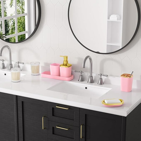 XLHOMO Pink Bathroom Accessories Set, Pink and Gold Bathroom Accessories with Trash Can, Soap Dispenser, Soap Dish, Toothbrush Holder and Q-tip Holders