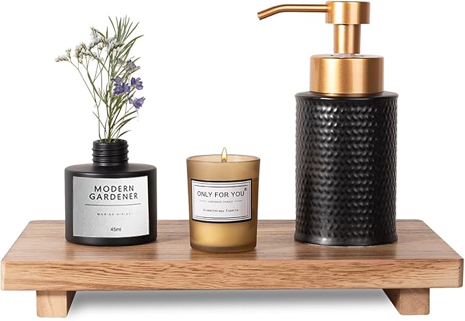 Small Wood Tray Pedestal Stand Farmhouse Bathroom Decor Decorative Wooden Riser Kitchen Soap Dish Holder for Vanity, Counter, Sink, Large 11.8" x 7" - Brown