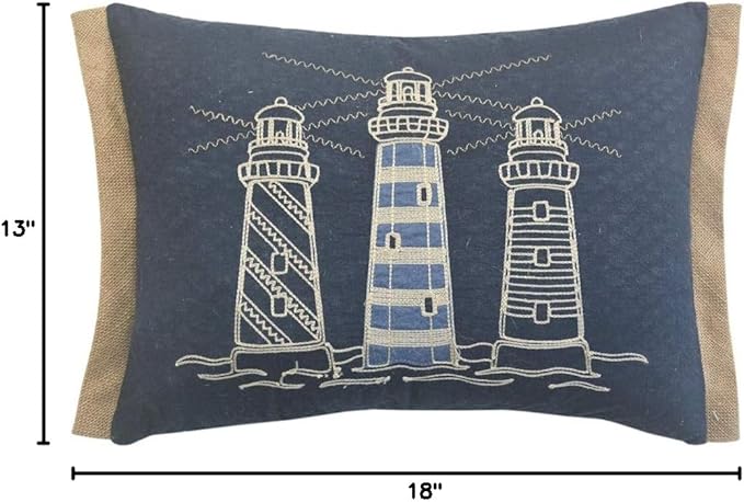Comfy Hour Under The Sea Collection Ocean Coastal Three Lighthouses Accent and Throw Pillow Blue Decorative Cushion, 18"x13", Polyester