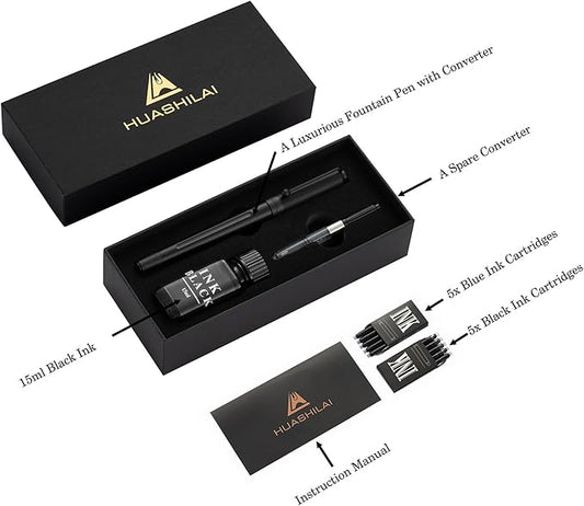 Luxury Matte Black Forest Fountain Pen Set,Titanium Black Extra Fine and Medium Nibs,Includes 2 Ink Converters,10 Ink Cartridges,15ml ink,Premium Gift Case for Calligraphy (Medium Nib)