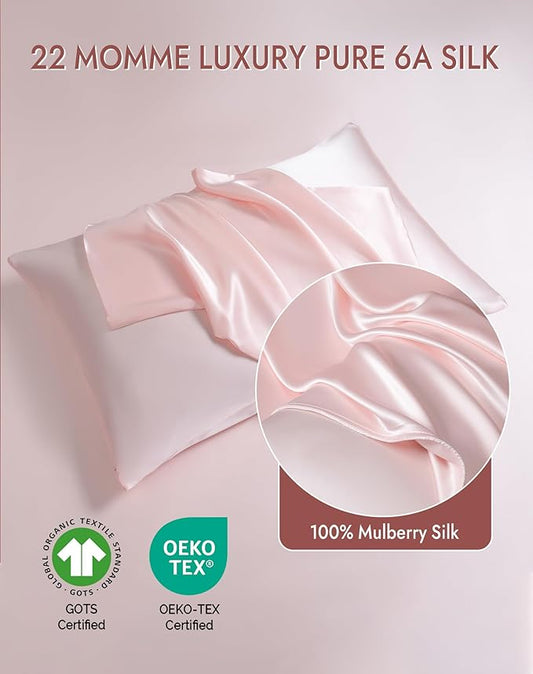 SilkSilky 100% Mulberry Silk Pillowcase - Pure 22 Momme High-Grade 6A Fibers for Hair & Skin, Envelope Closure, Natural, Organic, Breathable & Cooling Pillow Case (Queen, Pink)