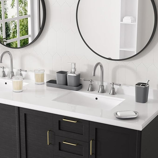 XLHOMO Grey Bathroom Accessories Sets Complete, 9-Piece Bathroom Accessories with Trash Can, Vanity Tray, Soap Dispenser, Soap Dish, Toothbrush Holder, Toothbrush Cup, Toilet Brush and Qtip Holders