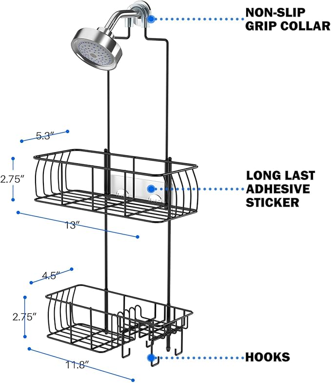 Epicano Shower Caddy Hanging, Anti-Swing Over Head Shower Caddy Rustproof with Hooks for Towels, Sponge and More, Matte Black