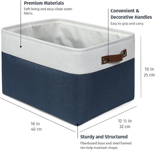 OrganiHaus Extra Large Fabric Storage Baskets for Shelves 3 Pack, 16x13in Closet Storage Bins for Shelves, Canvas Baskets for Organizing, Linen Closet Organizers, Cloth Basket, Navy Blue/Off-White