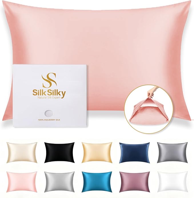 SilkSilky 100% Mulberry Silk Pillowcase - Pure 22 Momme High-Grade 6A Fibers for Hair & Skin, Envelope Closure, Natural, Organic, Breathable & Cooling Pillow Case (Queen, Pink)