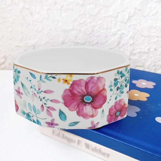 LEAZUL Ceramic Paper Clip Holder Gold Line Paper Clip Dispenser Organizer for Desk Cute Floral Pattern Office Binder Clip Holder Bobby Pin and Hair Clip Holder Gift for Office (Purple Red)