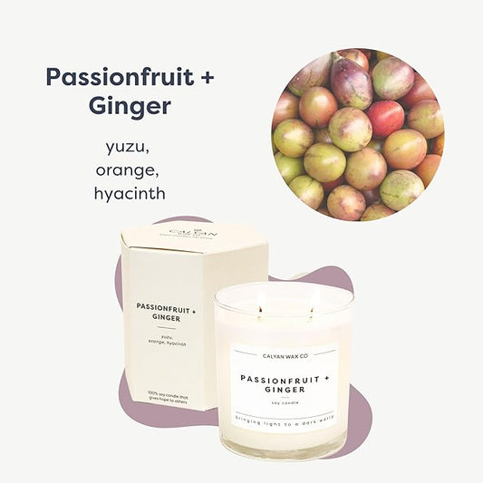 Calyan Wax Co. Passionfruit & Ginger 2 Wick Scented Candle - 37 Hour Burn - Luxury Non Toxic Soy Wax Candles - Long Lasting Large Glass Jar Candle for Home - 8.8oz