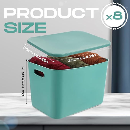 Hoolerry 8 Pieces Colorful Storage Bins with Lid, Plastic Storage Basket Organizing Container Stackable Box with Handle for Shelves Desktop Playroom Office(14.2 x 10.2 x 9.5 Inch,Green and Yellow)