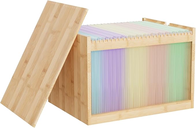 LONTAI Natural Bamboo & Acrylic File Box with Removable Lid, Modern File Organizer Box for Letter/Legal Files, Hanging File Box with Easy Assembly & Dustproof Storage for Home Office