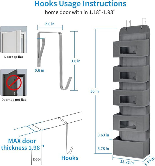 MAX Houser 5-Shelf Over The Door Hanging Organizer with 2 Metal Hooks, 5 Pocket Over The Door Wall Mount Storage with Clear Windows for Baby Nursery Bathroom Closet,Bedroom,Dorm,Diapers,Kids Toy(Gray)