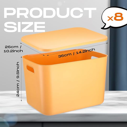 Hoolerry 8 Pieces Colorful Storage Bins with Lid, Plastic Storage Basket Organizing Container Stackable Box with Handle for Shelves Desktop Playroom Office(14.2 x 10.2 x 9.5 Inch,Yellow)