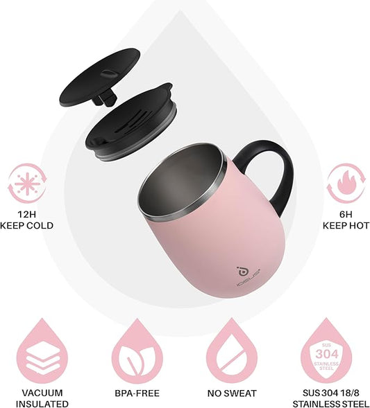 Ideus 16 oz Insulated Coffee Mug with Handle and Lid, Double Wall Stainless Steel Vacuum Thermal Coffee Mug, Travel Coffee Cup Thermal Cup for Home and Office, Sakura Pink