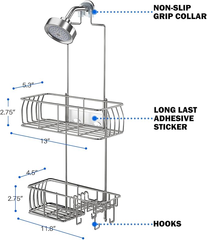 Epicano Anti-Swing Hanging Shower Caddy Stainless Steel 304, Over Head Shower Caddy Rustproof with hooks for Towels, Sponge and more, Chrome