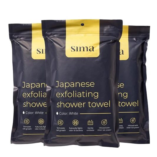 Exfoliating Washcloth Face & Body Scrub Towel - Japanese Exfoliating Towel with Hexagon Fibers, Body Scrubber with 2 Sides for Scrubbing & Washing, Extra Long (White, 3 Pack)