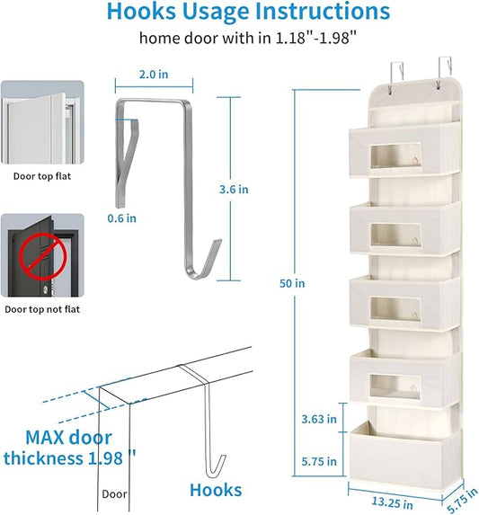 MAX Houser 5-Shelf Over The Door Hanging Organizer with 2 Metal Hooks,5 Pocket Over The Door Wall Mount Storage with Clear Windows for Baby Nursery Bathroom Closet,Bedroom,Dorm(Beige-2 Pack)