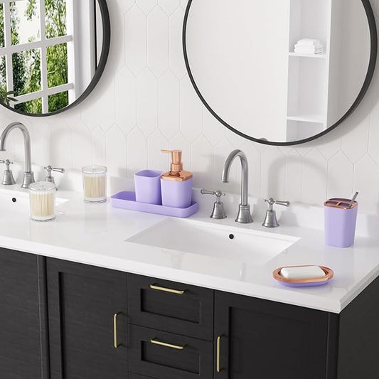 XLHOMO 9-Piece Bathroom Accessories Set, Purple Bathroom Accessories Sets Complete with Trash Can,Tray,Soap Dispenser,Toothbrush Holder,Toothbrush Cup,Soap Dish,Toilet Brush and Q-tip Holders