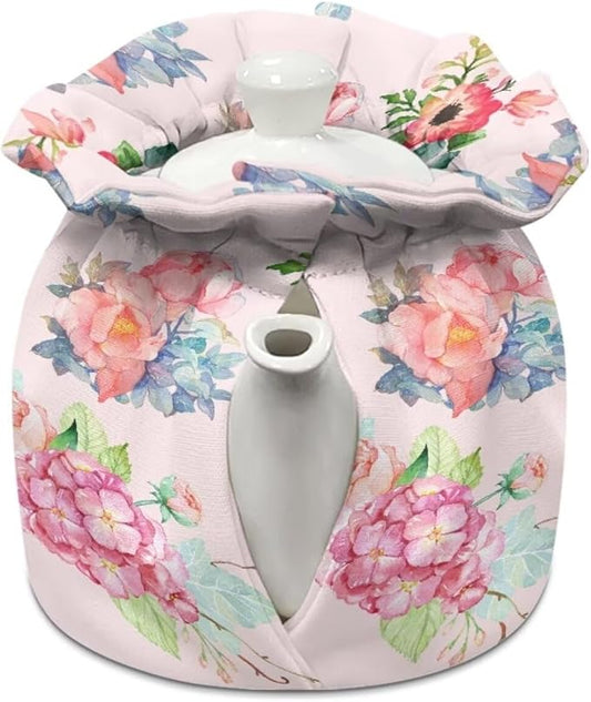 Generic Playful Rosebud Pattern Tea Pot Tea Kettle Decorative Cover Insulated Dust Bag Drawstring Tea Kettle Covers Teacup Covers Insulated Drop-Proof Shock-Proof Decoration