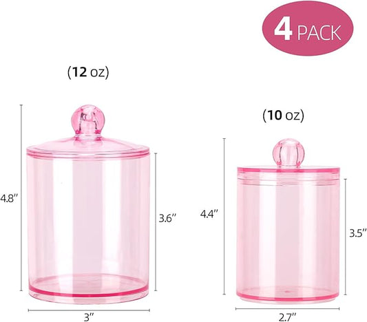 Tbestmax 12 oz & 10 oz Qtip Holder - 4 Pack Restroom Bathroom Organizers and Storage Containers, Pink Plastic Apothecary Jars with Lids for Cotton Swab, Cotton Round Pads, Floss