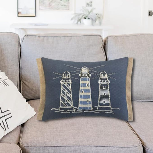 Comfy Hour Under The Sea Collection Ocean Coastal Three Lighthouses Accent and Throw Pillow Blue Decorative Cushion, 18"x13", Polyester