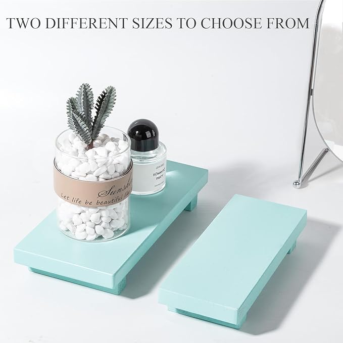 Small Wood Tray Pedestal Stand Farmhouse Bathroom Decor Decorative Wooden Riser Kitchen Soap Dish Holder for Vanity, Counter, Sink, Light Blue