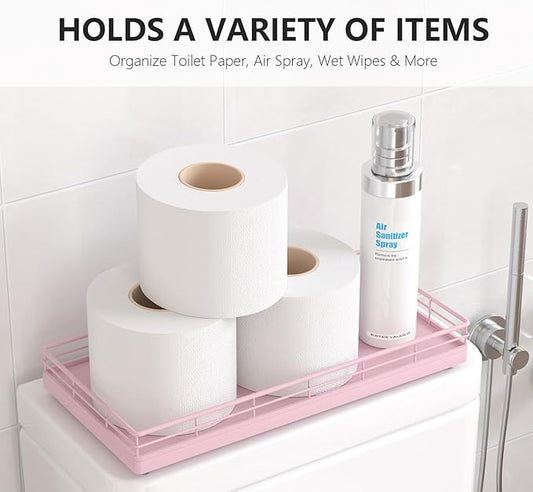 Toilet Tank Tray Organizer – Oak Wood Bathroom Counter Basket with Metal Frame, Back of Toilet or Tank Top Paper Holder Storage – Pink Modern Decor