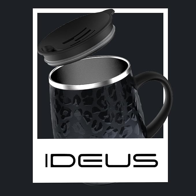 Ideus 16 oz (470 ml) Insulated Coffee Mug with Handle and Lid, Double Wall Stainless Steel Vacuum Thermal Coffee Mug, Travel Coffee Cup Thermal Cup for Home and Office, Leopard Black