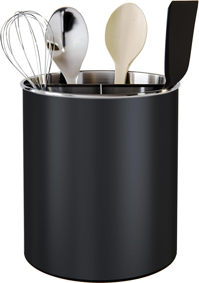 Cooler Kitchen Black Rotating Extra Large Stainless Steel Utensil Holder Caddy with Sturdy No-Tip Weighted Base, Removable Divider, and Gripped Insert - Dishwasher Safe Metal Cooking Utensil Holder