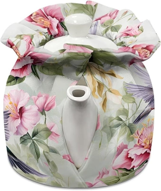 Generic Hummingbird Florals Tea Pots Cosy Cotton Breakfast Tea Pot Cover Kitchen Tea Pot Dust Cover with Elastic Band Drawstring Kettle Covers Home Family Decorative Accessories