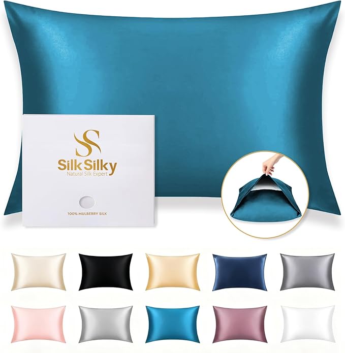 SilkSilky 100% Mulberry Silk Pillowcase - Pure 22 Momme High-Grade 6A Fibers for Hair & Skin, Envelope Closure, Natural, Organic, Breathable & Cooling Pillow Case (Standard, Teal)