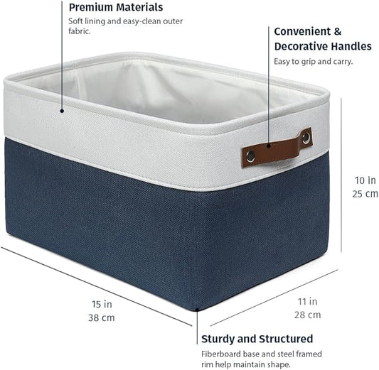 OrganiHaus Large Fabric Storage Baskets for Shelves 3 Pack, 15x11in Closet Storage Bins for Shelves, Canvas Baskets for Organizing, Linen Closet Organizers, Cloth Basket, Navy Blue/Off-White