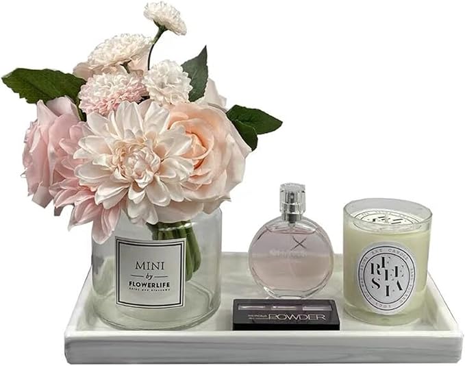 White Marble Bathroom Counter Tray - Ceramic Perfume Organizer and Jewelry Dish for Vanity Dresser