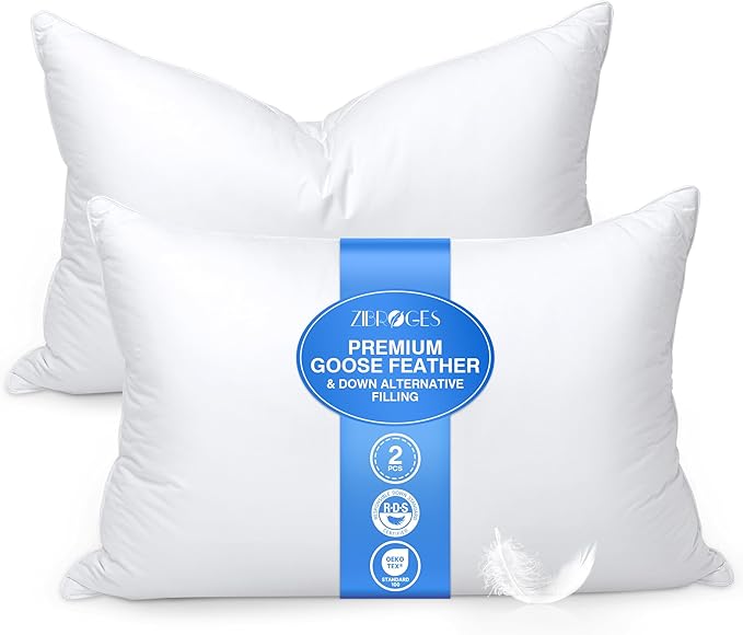 zibroges Feather Pillows King Size Set of 2 - Goose Down Hotel Bed Pillow for Sleeping, Soft 600 Thread Count Cotton Cover, Fluffy Support Surround Fill Polyester for Side, Back, Stomach Sleepers