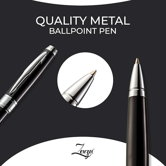ZenZoi Black Ballpoint Pen Set. Elegant Executive Pen for Men or Women. High End Pen Gift Box w/Luxury Pen & 2 Gel Ballpoint (Blue + Black) Refills. Smooth Writing Pen (Black)