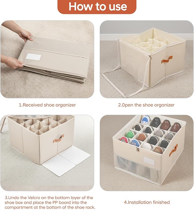 Chewlish Shoe Organizer for Closet, Foldable Shoe Storage Organizer Containers with Clear Cover, Space Saving Shoes Holder with Handles, Beige (1, L)