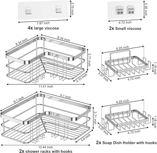 Yazoni Corner Shower Caddy, 4-Pack Adhesive Shower Shelves with Soap Holder No Drilling, Rustproof Bathroom Shower Organizer Storage, Silver