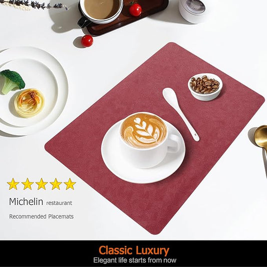 Vinyl Placemats Set of 8 Faux Leather 100% Waterproof Wipeable Washable Place Mats Heat Resistant Easy Clean Non-Slip Table Mats for Indoor Outdoor. (8,Red)