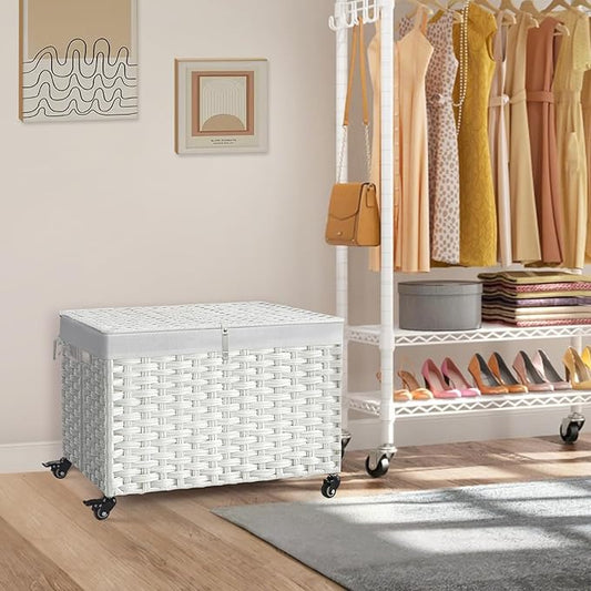Rolling Storage Basket with Lid, 47.6 Gallon (180L) Storage Bin with Wheels, Woven Rattan Blanket Storage Basket with Handles, Foldable, Metal Frame, Removable Liner for Bedroom, Laundry Room, White