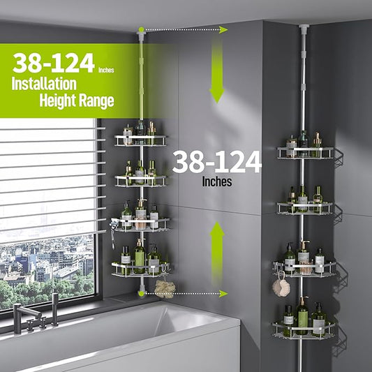 LAMU Corner Shower Caddy Tension Pole, Stainless Steel Shower Organizer, Strong Spring, 5 Adhesive Pads, 2.4" Non-Slip Grid Base, Adjustable 4-Tier Basket, 4 Hooks, Fits Heights 37.8-124", Silver