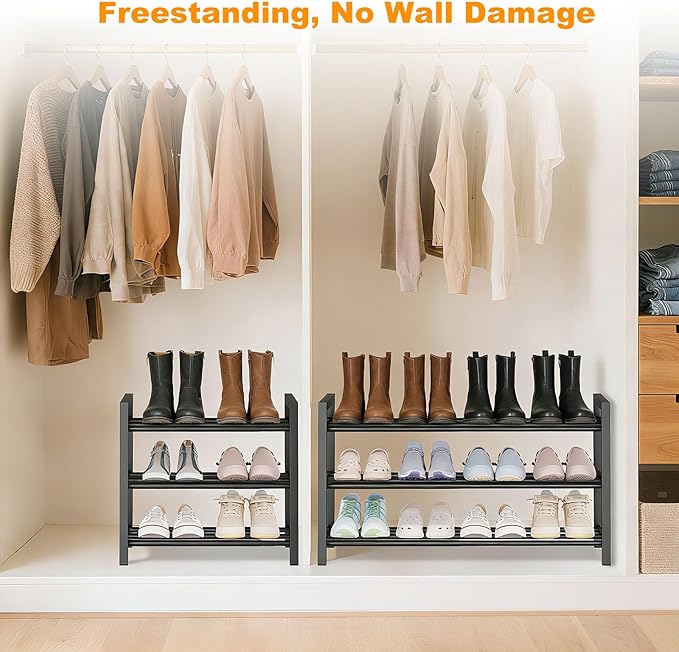 Detsuk 3-Tier Expandable Shoe Rack – Adjustable Heavy-Duty Metal Shoe Organizer Shelf for Closet, Entryway, Mudroom & Garage – Durable Freestanding Storage, Black
