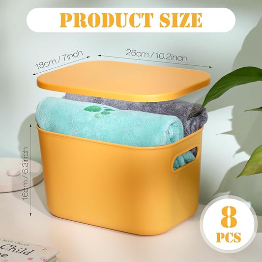 Hoolerry 8 Pieces Colorful Storage Bins with Lid, Plastic Storage Basket Organizing Container Stackable Box with Handle for Shelves Desktop Playroom Office(10.2 x 7 x 6.3 Inch,Yellow)